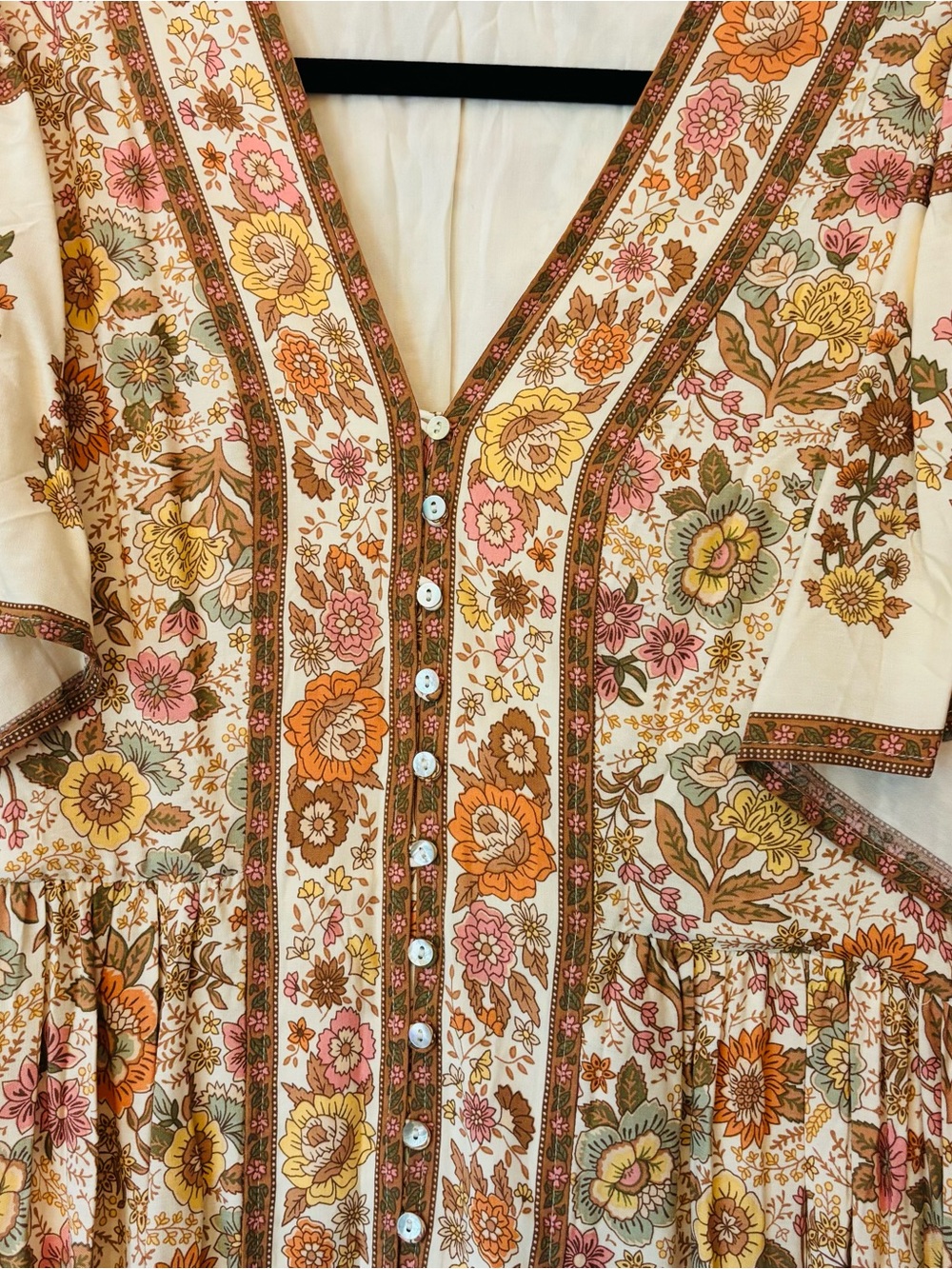 Bohemian Creami Maxi Dress with Orange, Pink & Yellow Floral Print